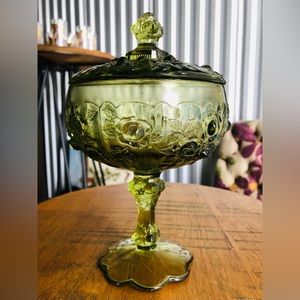 Vintage 1960’s Fenton Cabbage Rose Green Pedestal Glass Dish & Lid.